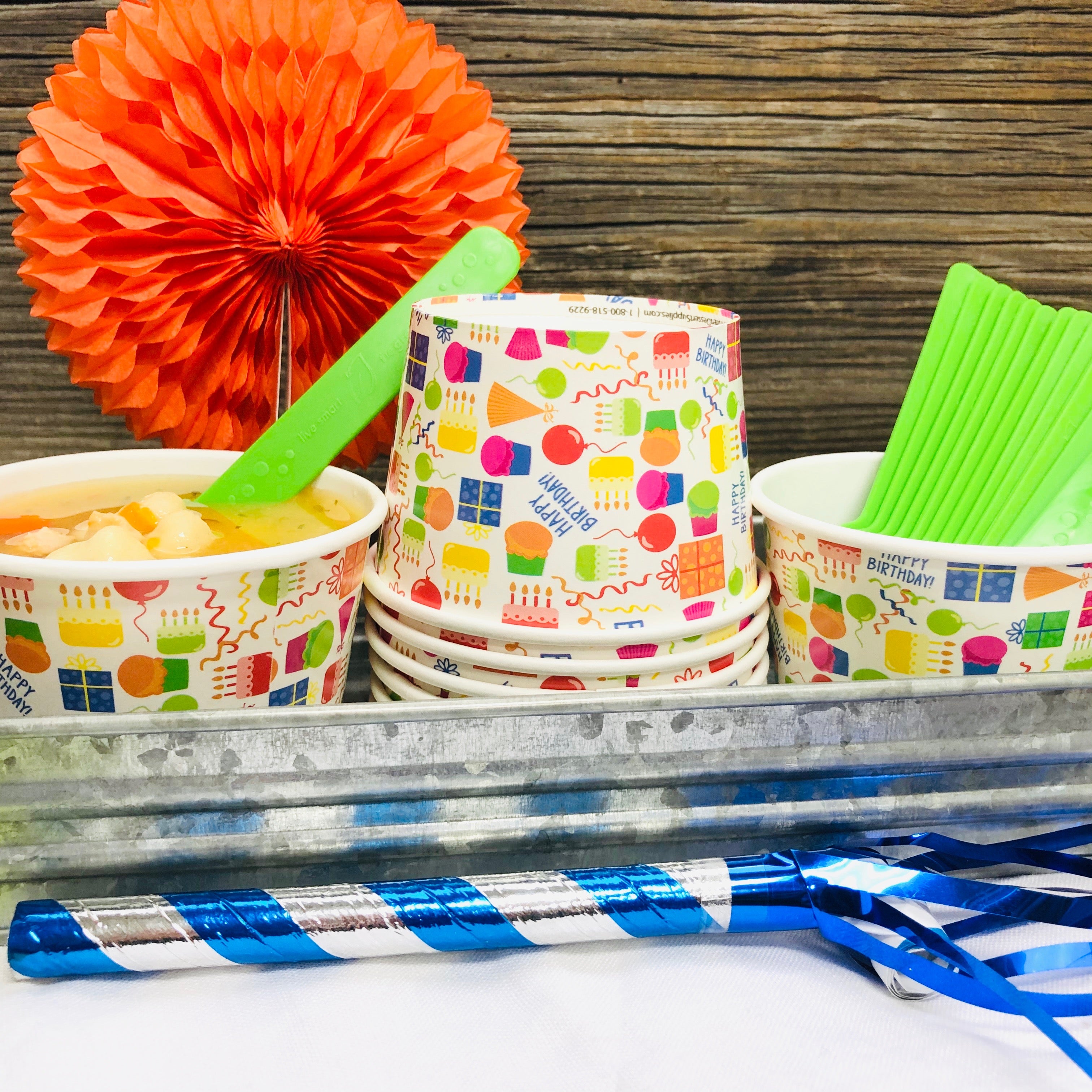 16 Pk Birthday Ice Cream Kit with 8 Oz Cups, Spoons, Umbrellas X383