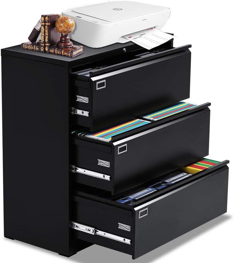 Black 3 Drawer Locking Metal Lateral File Cabinet D81338