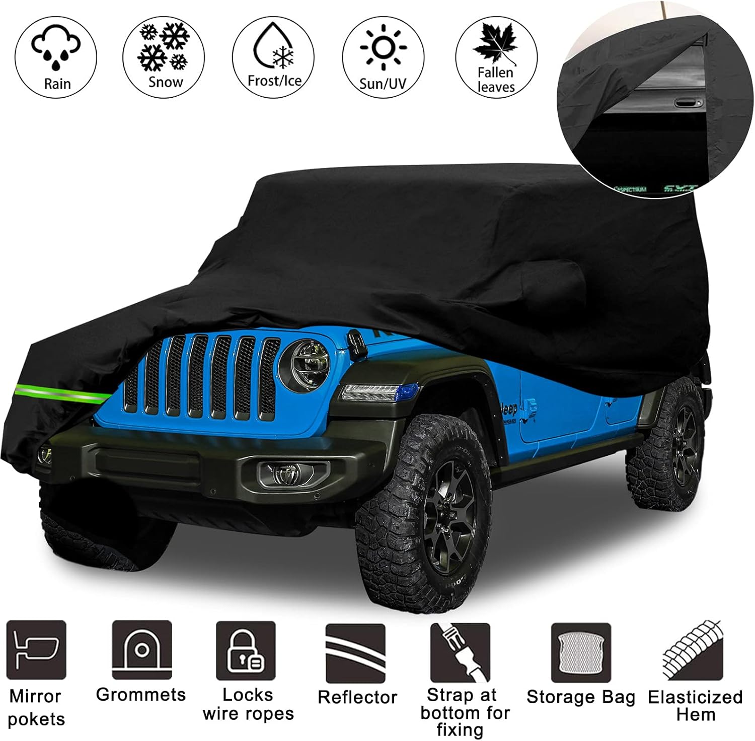 Waterproof Car Covers for Jeep Wrangler 4 Doors 190T Pack of 2 O210355