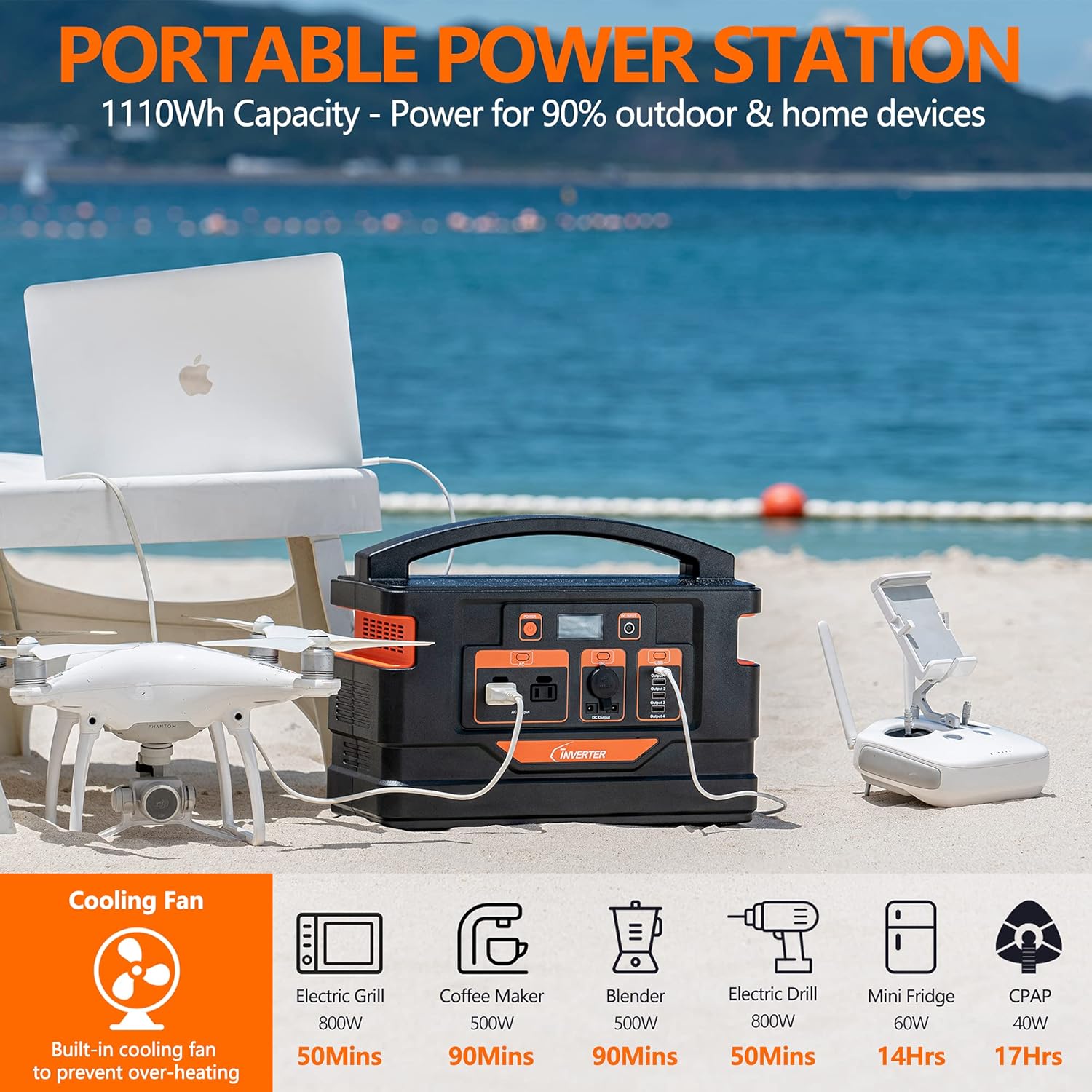 Portable Power Station 1000W 1110Wh Lithium Polymer Battery Solar Generator (Orange) Z299