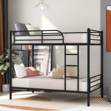 Twin Over Twin Metal Bunk Bed with Ladder, Black, 78.7 inch P153162