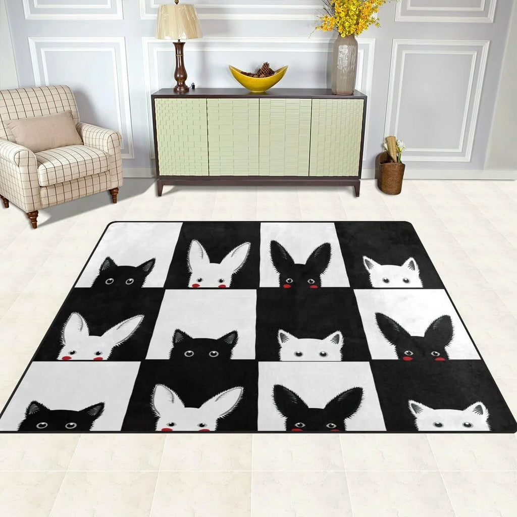 Black White Cat Rabbit Chess Board Lightweight Carpet Mats, 6'8" x 4'10" Area Rug Z472