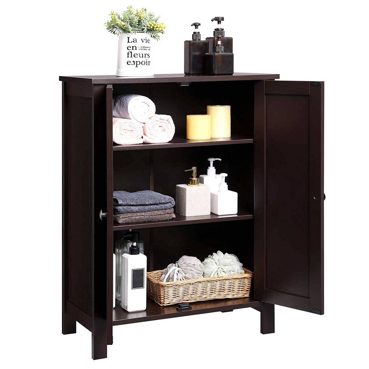 Brown Double Door Bathroom Floor Storage Cabinet with Adjustable Shelf L24274