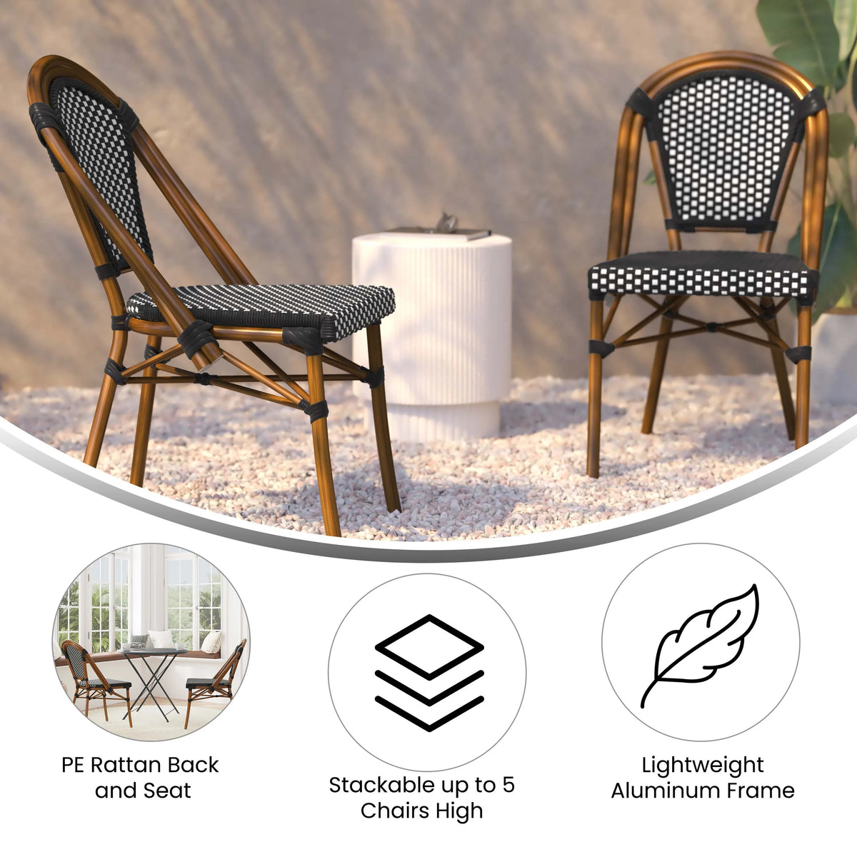 Set of 2 Black/White PE Rattan Bistro Stacking Chairs R6707