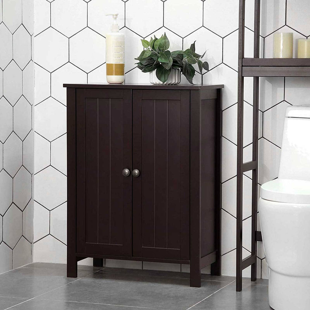 Brown Double Door Bathroom Floor Storage Cabinet with Adjustable Shelf L24274