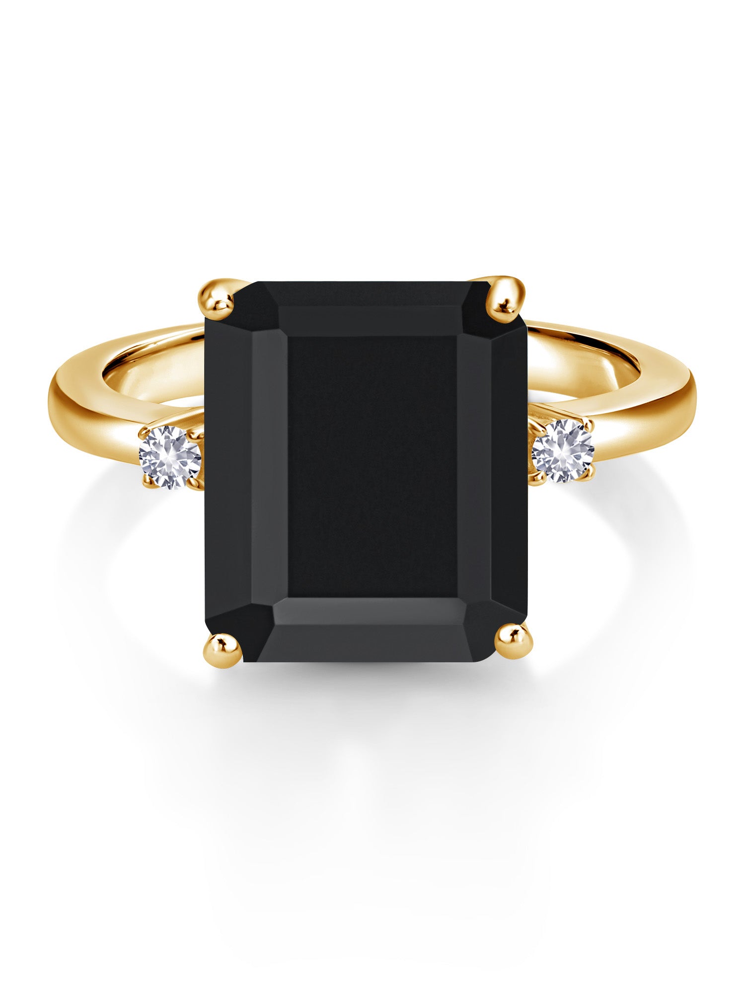 18K Yellow Gold Plated Silver Black Onyx and White Created Sapphire 3 Stone Engagement Ring J19812