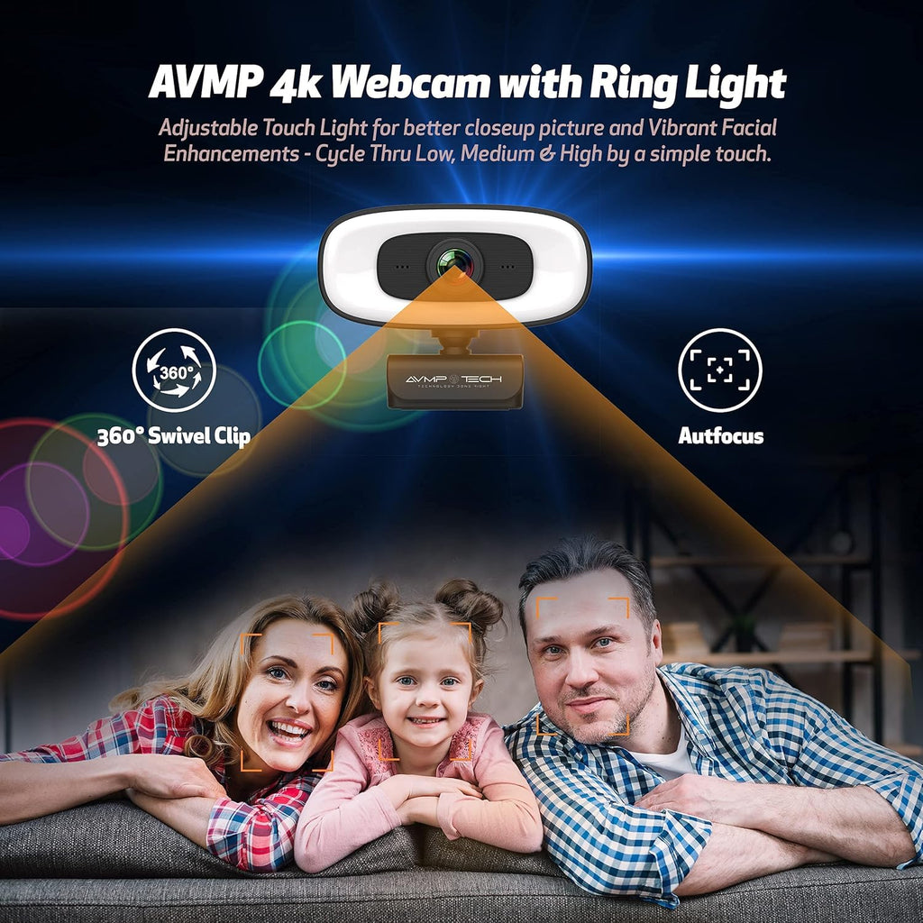 4K Webcam with Light, 8MP Autofocus USB Web Cam with Microphone, Tripod, USBC, Privacy Cover, Pack of 2 O409460