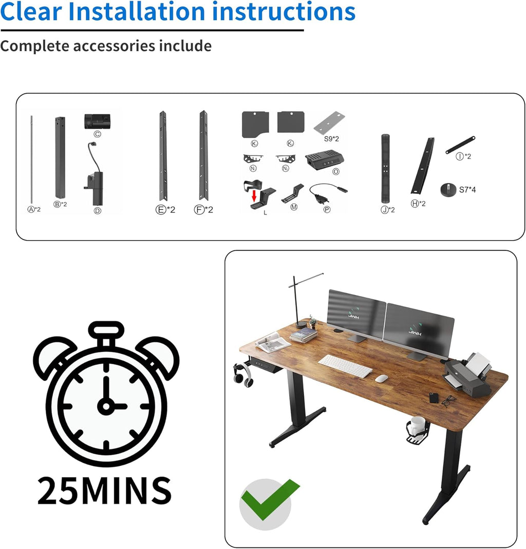 55 inch Adjustable Height Electric Standing Desk with Cup Holder, Headphone Hook, Cable Manager, Mouse pad, Walnut Wood J158856