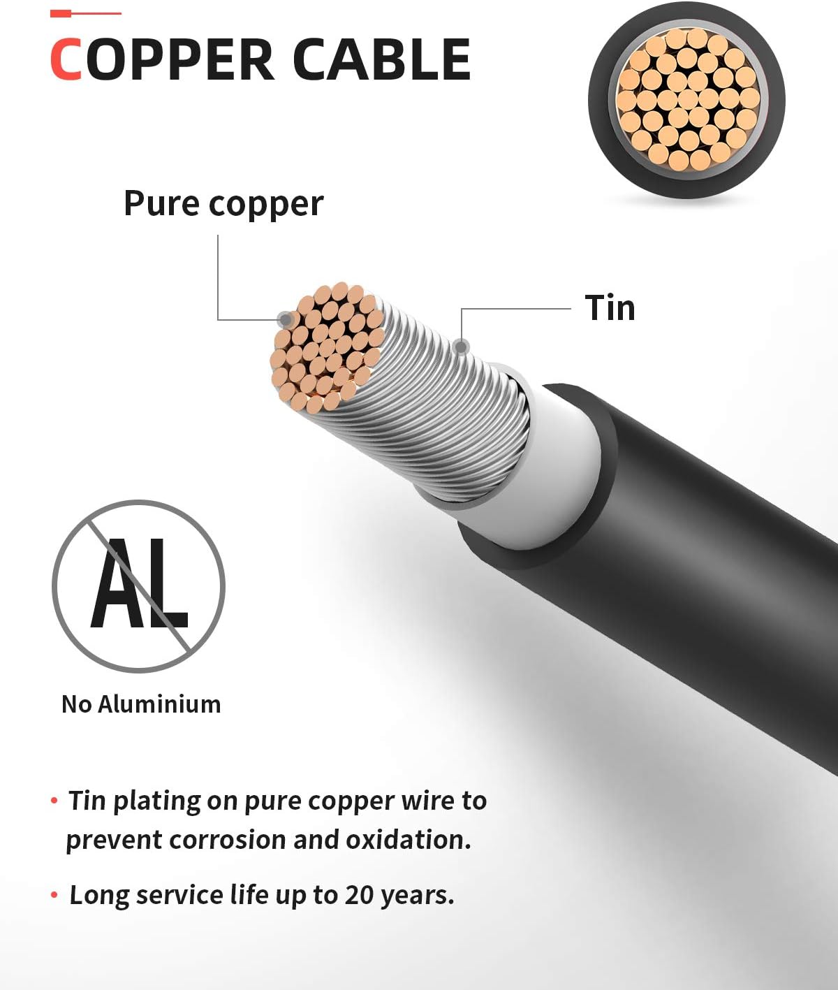 20 Feet 10AWG Solar Extension Cable with Female and Male Connector, Pack of 2 L91744