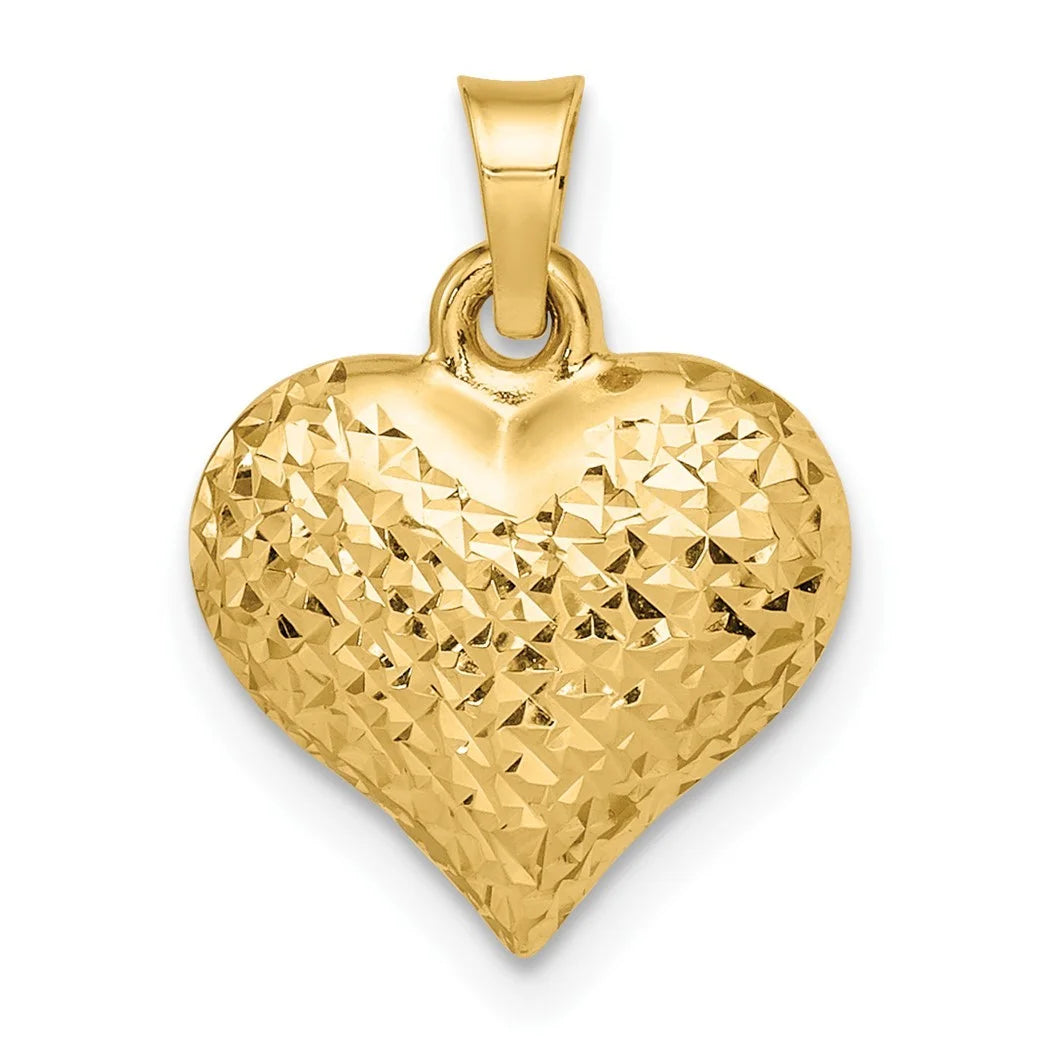 14k Gold Polished Sparkle Cut Puffed Love Heart Pendant Necklace D562