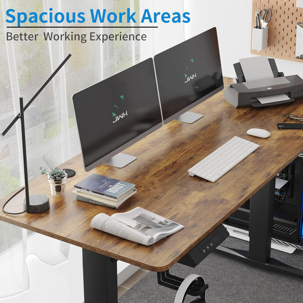 55 inch Adjustable Height Electric Standing Desk with Cup Holder, Headphone Hook, Cable Manager, Mouse pad, Walnut Wood J158856