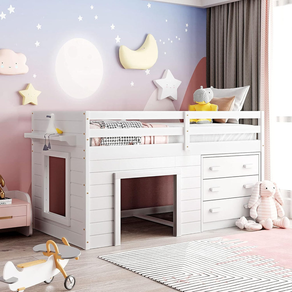 Espresso Solid Wood Twin Loft Bed with Storage Drawers and Cabinet F77587