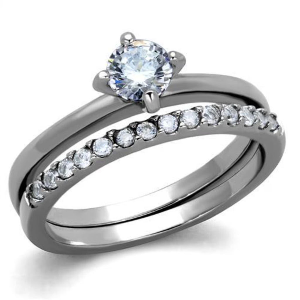 2-Piece Stainless Steel Wedding Ring Set with Round Cubic Zirconia H34608