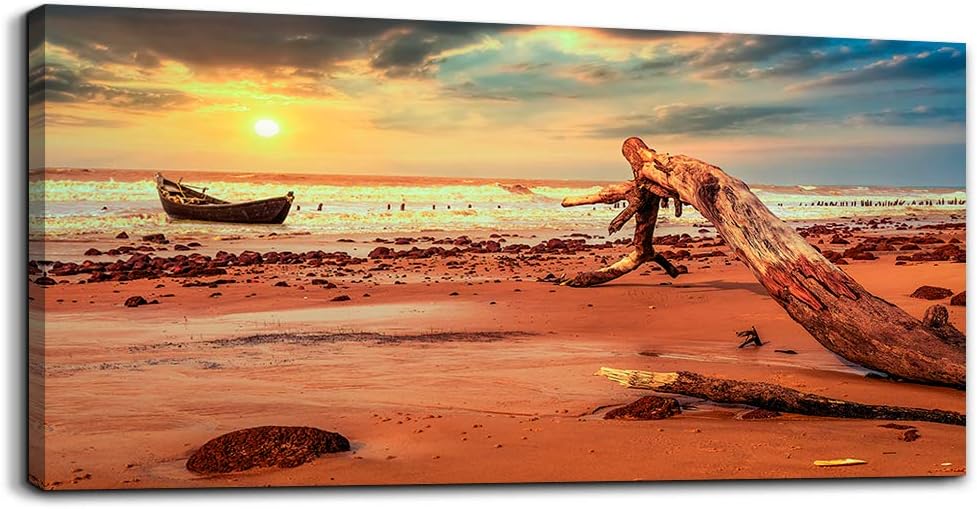 Golden Yellow Sun Blue Ocean Sea Waves Landscape Canvas Wall Art K14077