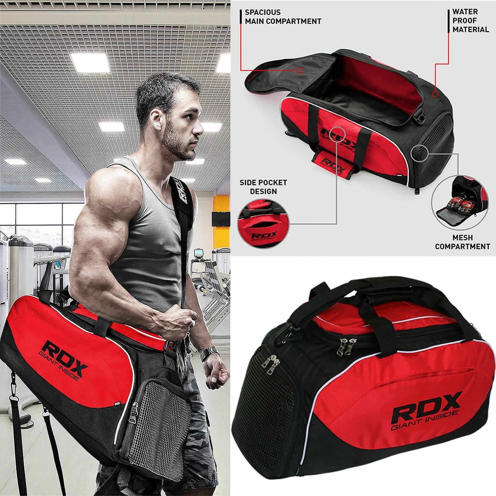 RDX Kit Bag Gym Duffle Sports Holdall Gear MMA Fitness Exercise Equipment Backpack Hiking Luggage Shoulder Sportswear Lightweight Rucksack Handles Running Zipper Travel Carry on Shoe Compartment Q304