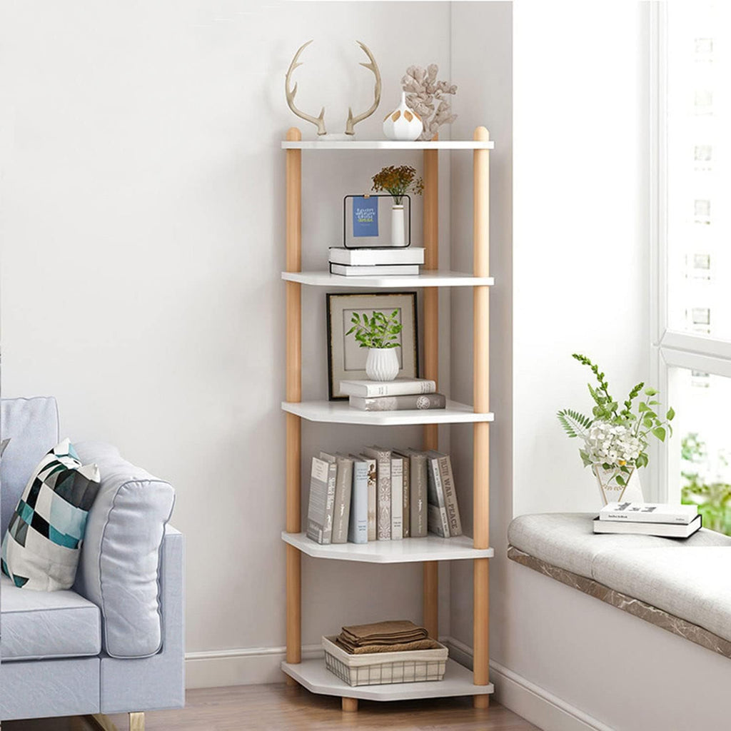 White 5-Tier Wooden Corner Bookshelf E6533