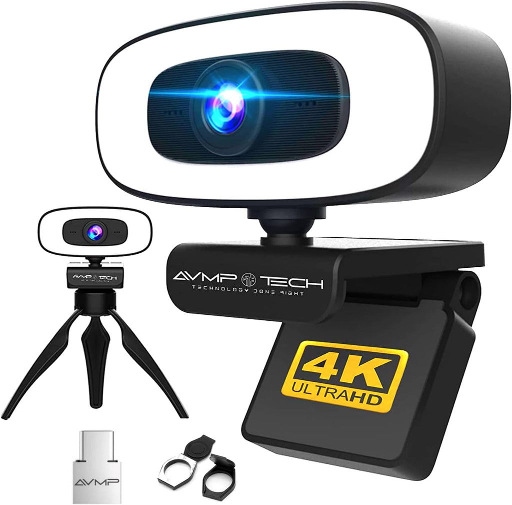 4K Webcam with Light, 8MP Autofocus USB Web Cam with Microphone, Tripod, USBC, Privacy Cover, Pack of 2 O409460