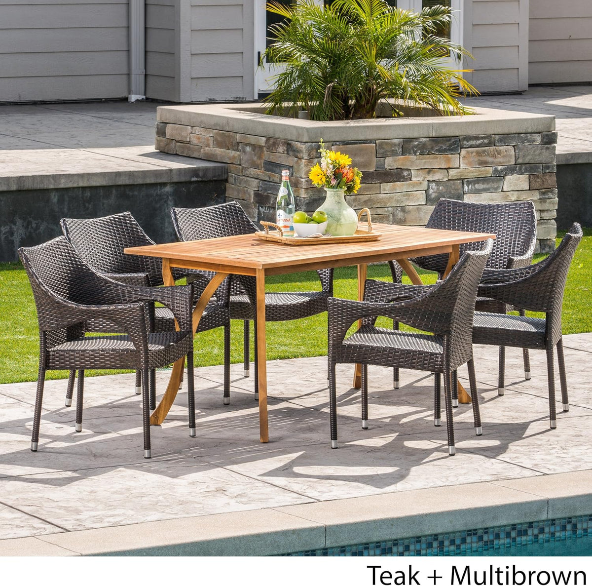 Outdoor 7-Piece Acacia Wood Wicker Dining Set in Multibrown F599158