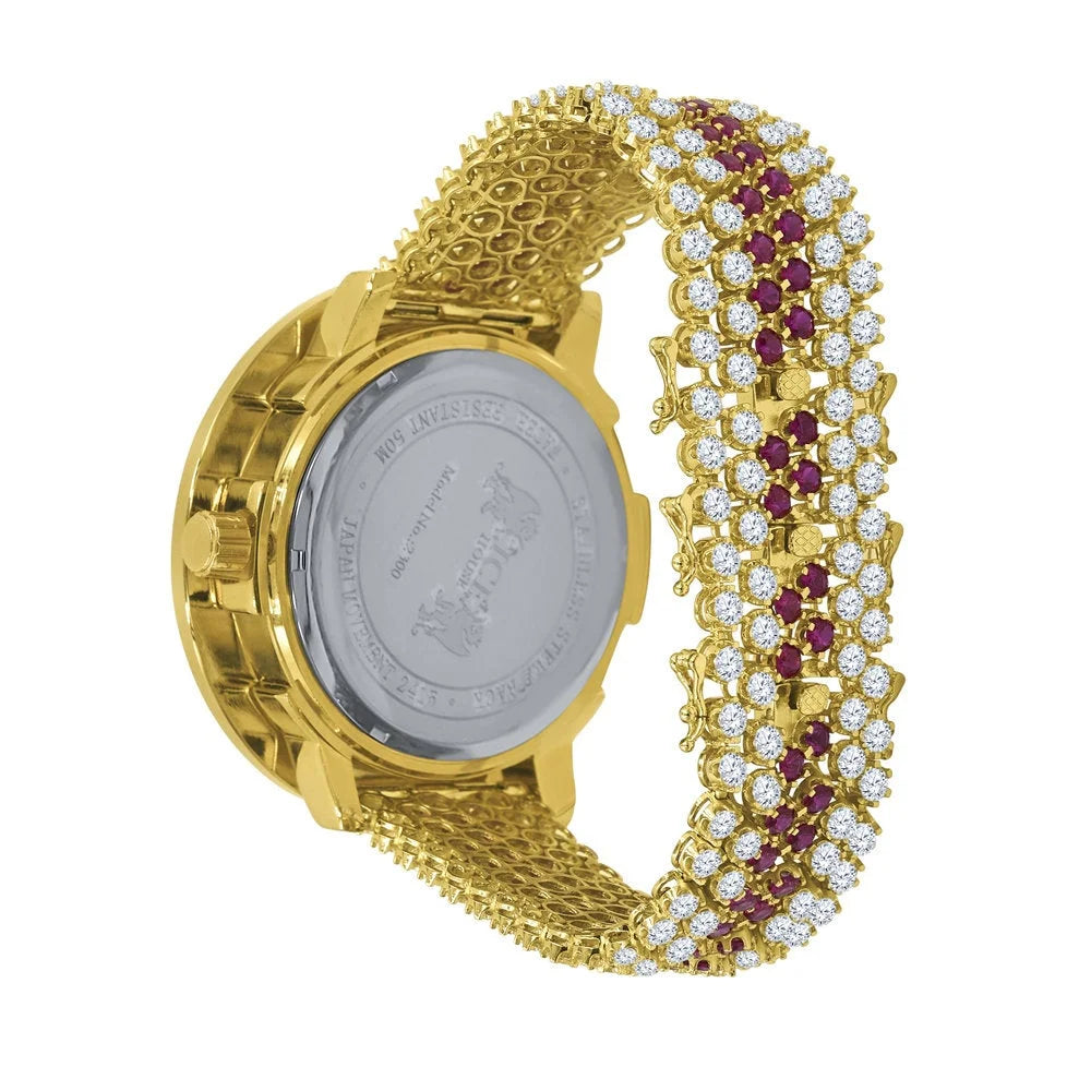 Ruby Red Roman Numeral Dial Big Face Gold Tone Mens Adjustable Watch Q44045