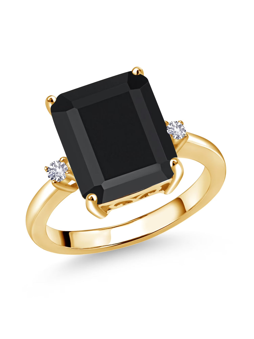 18K Yellow Gold Plated Silver Black Onyx and White Created Sapphire 3 Stone Engagement Ring J19812