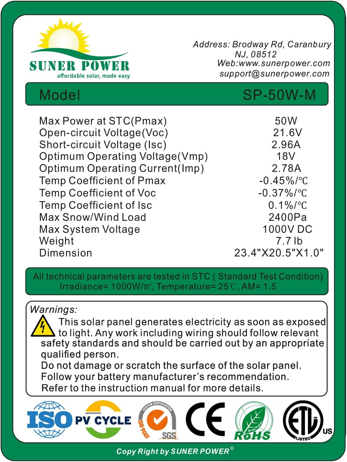 50W Mono Crystalline 12V Solar Panel Kit with 10A Charge Controller and SAE Cable Adapters U86282