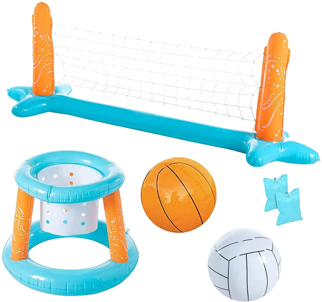 Light Blue Inflatable Pool Volleyball Set with 2 Balls and Basketball Hoops I672