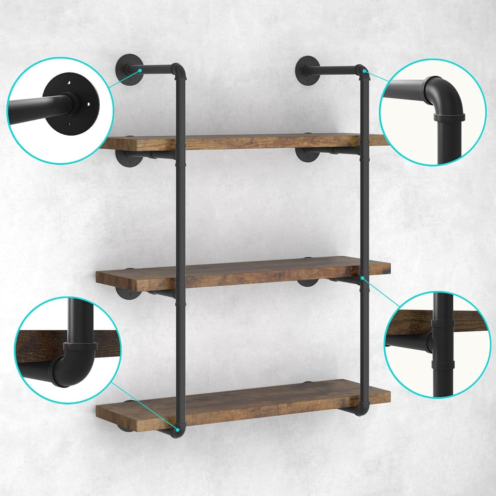 Industrial Wall Mount Iron Pipe Shelf Black 3 Tier X2 R82433