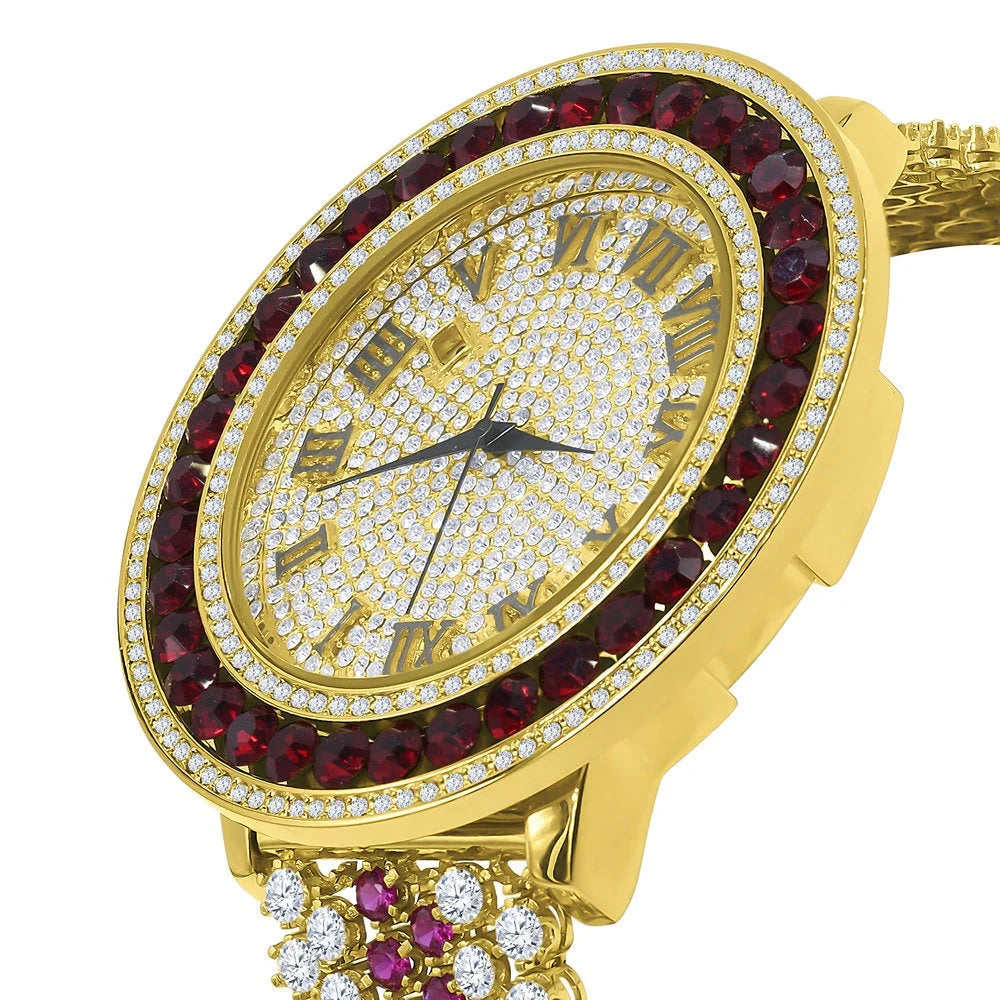 Ruby Red Roman Numeral Dial Big Face Gold Tone Mens Adjustable Watch Q44045