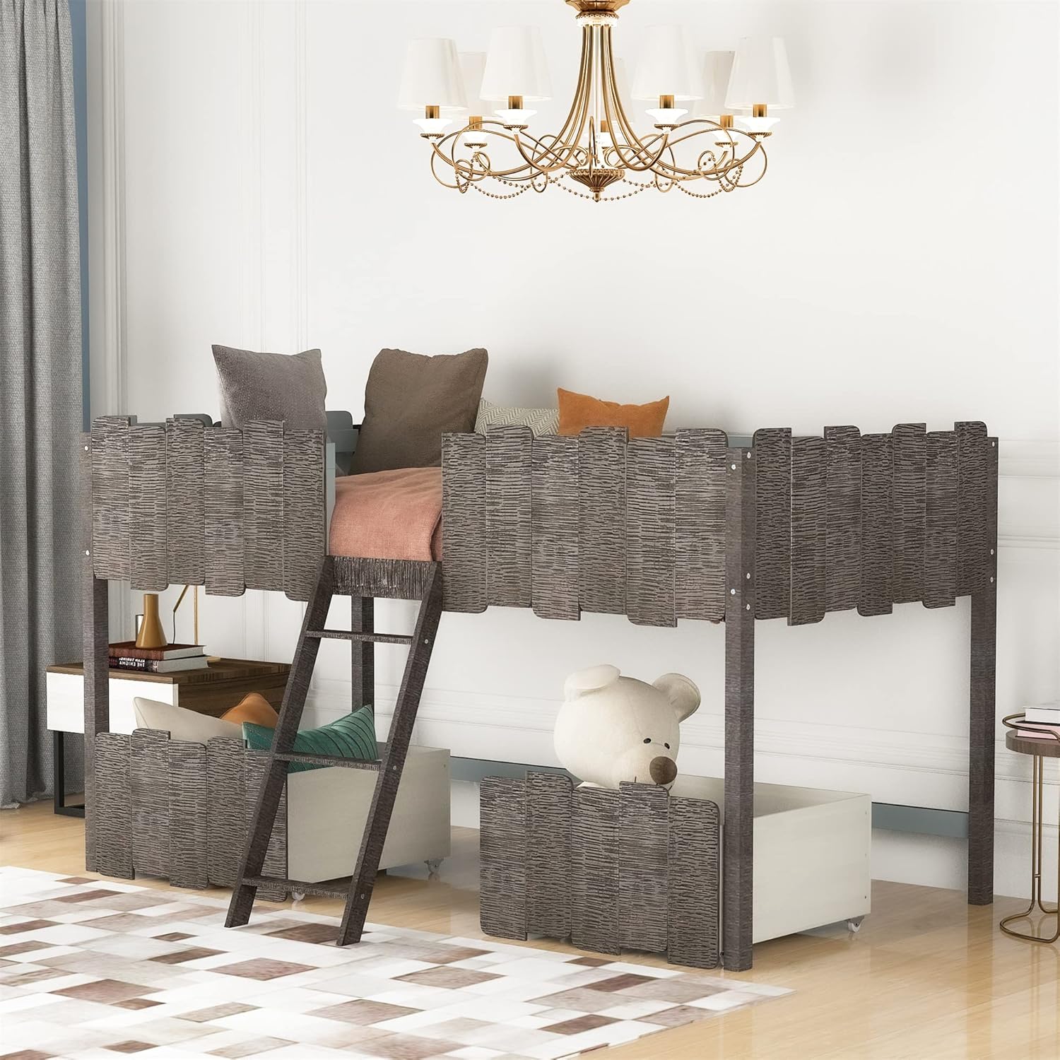 Espresso Solid Wood Twin Loft Bed with Storage Drawers and Cabinet F77587