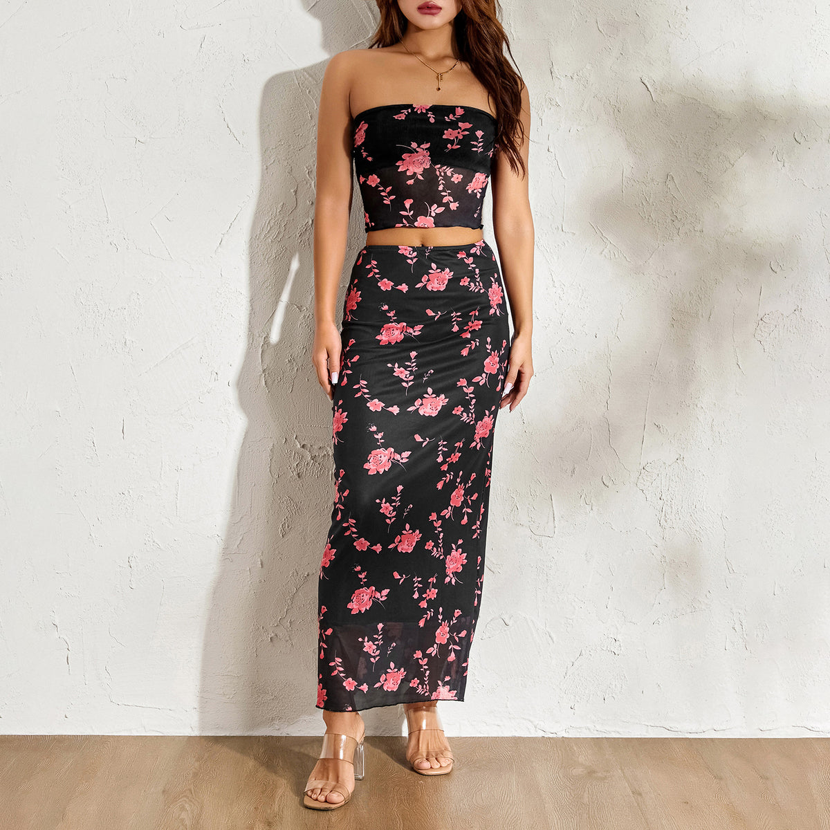 2Pcs Women Flower Print Strapless Mesh Tube Top with Low Waist Long Skirts P5240