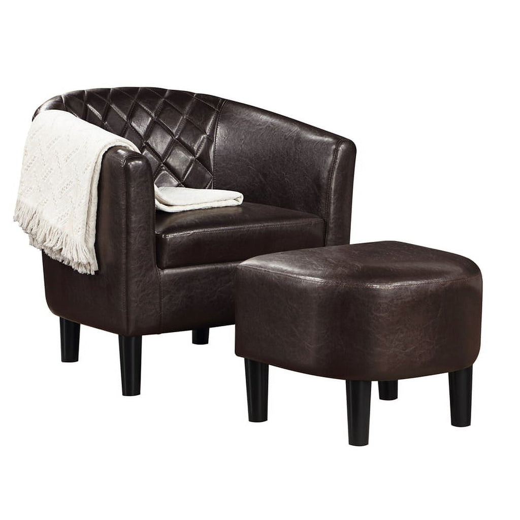Espresso Faux Leather Fabric Accent Chair with Ottoman D7718