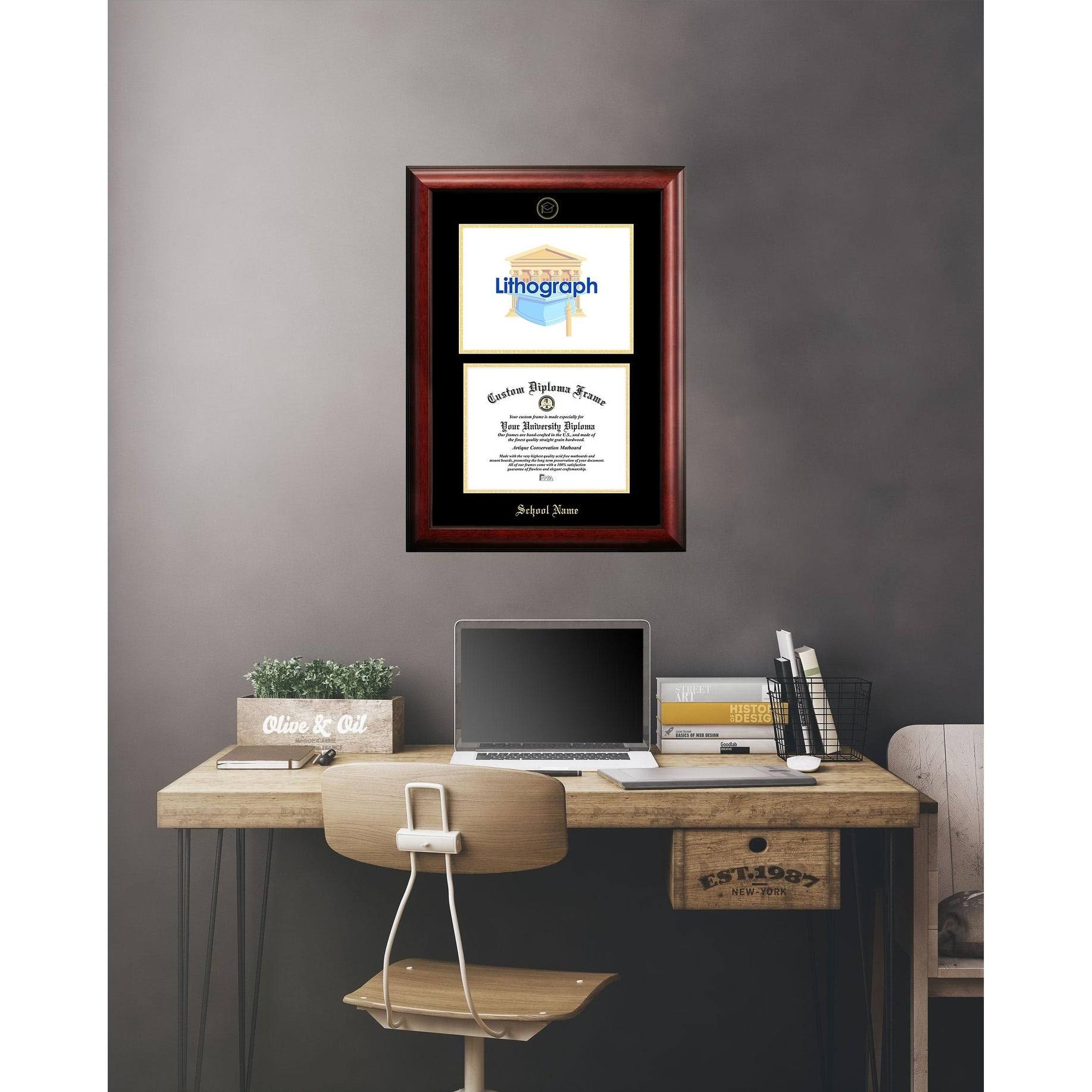 Gold Embossed Diploma Frame with Campus Images Lithograph O742