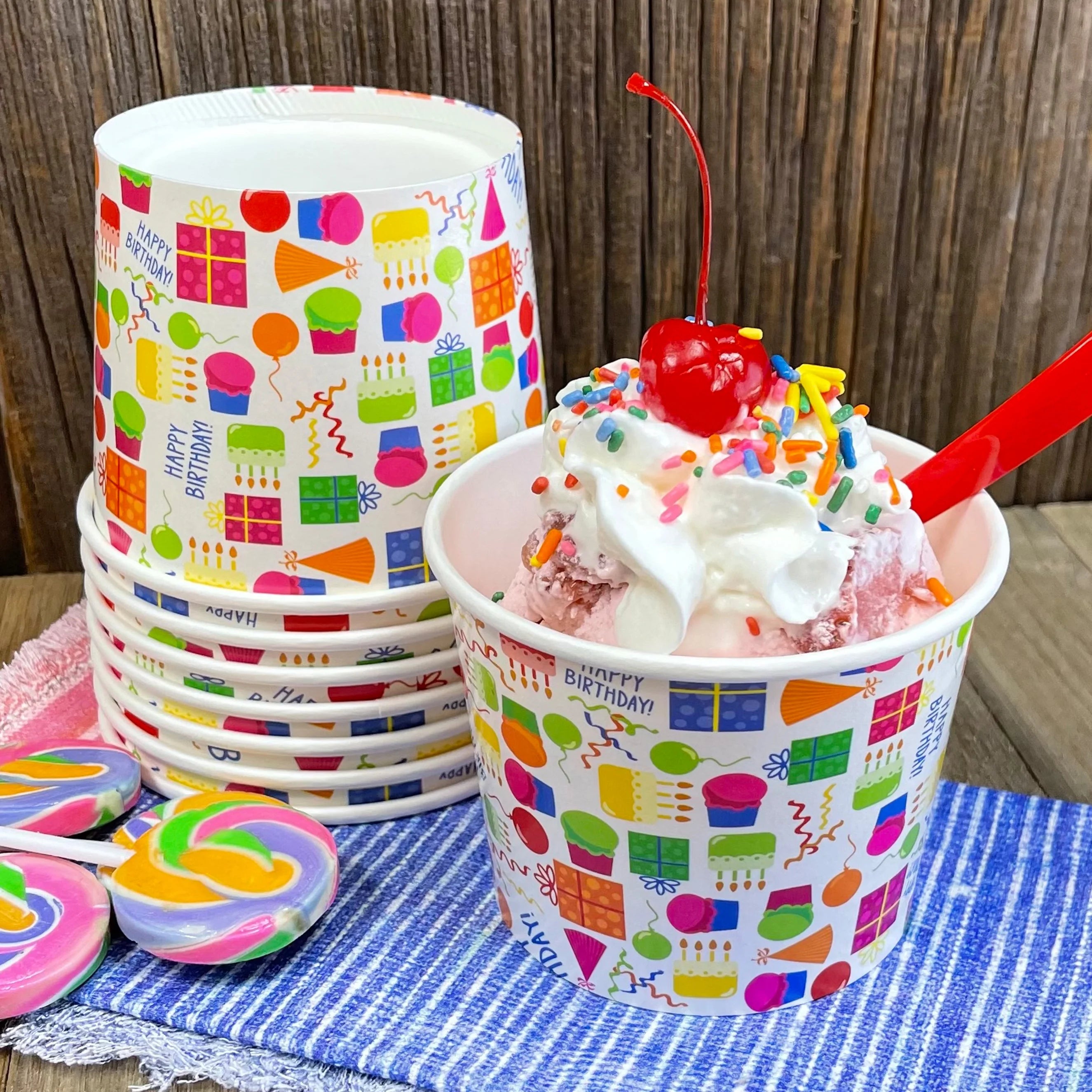 16 Pk Birthday Ice Cream Kit with 8 Oz Cups, Spoons, Umbrellas X383