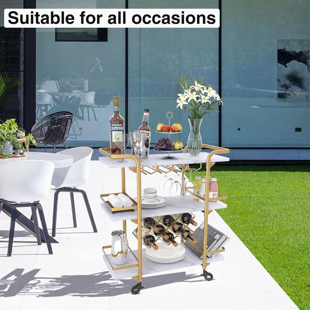 Black 3 Tier Bar Cart with Wheels J9656