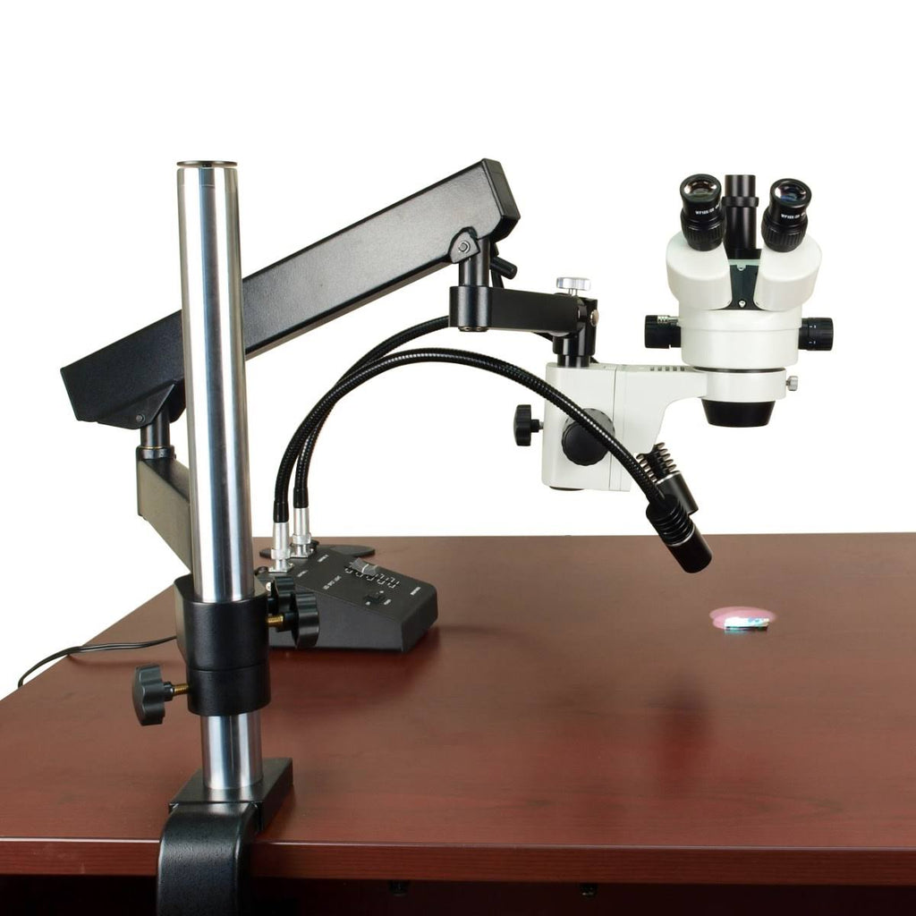 7X-45X Zoom Trinocular Microscope with Articulating Arm Stand and 6W LED Dual Gooseneck Light V57854