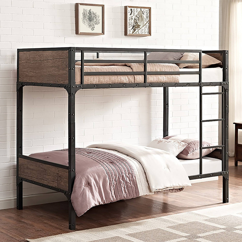 Rustic Metal and Wood Bunk Bed, Twin over Twin X897338