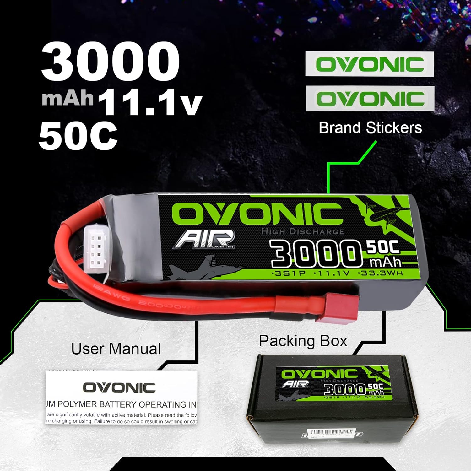 3S Lipo Battery 50C 3000mAh 11.1V with Dean-Style T Connector (2 Packs) L2379