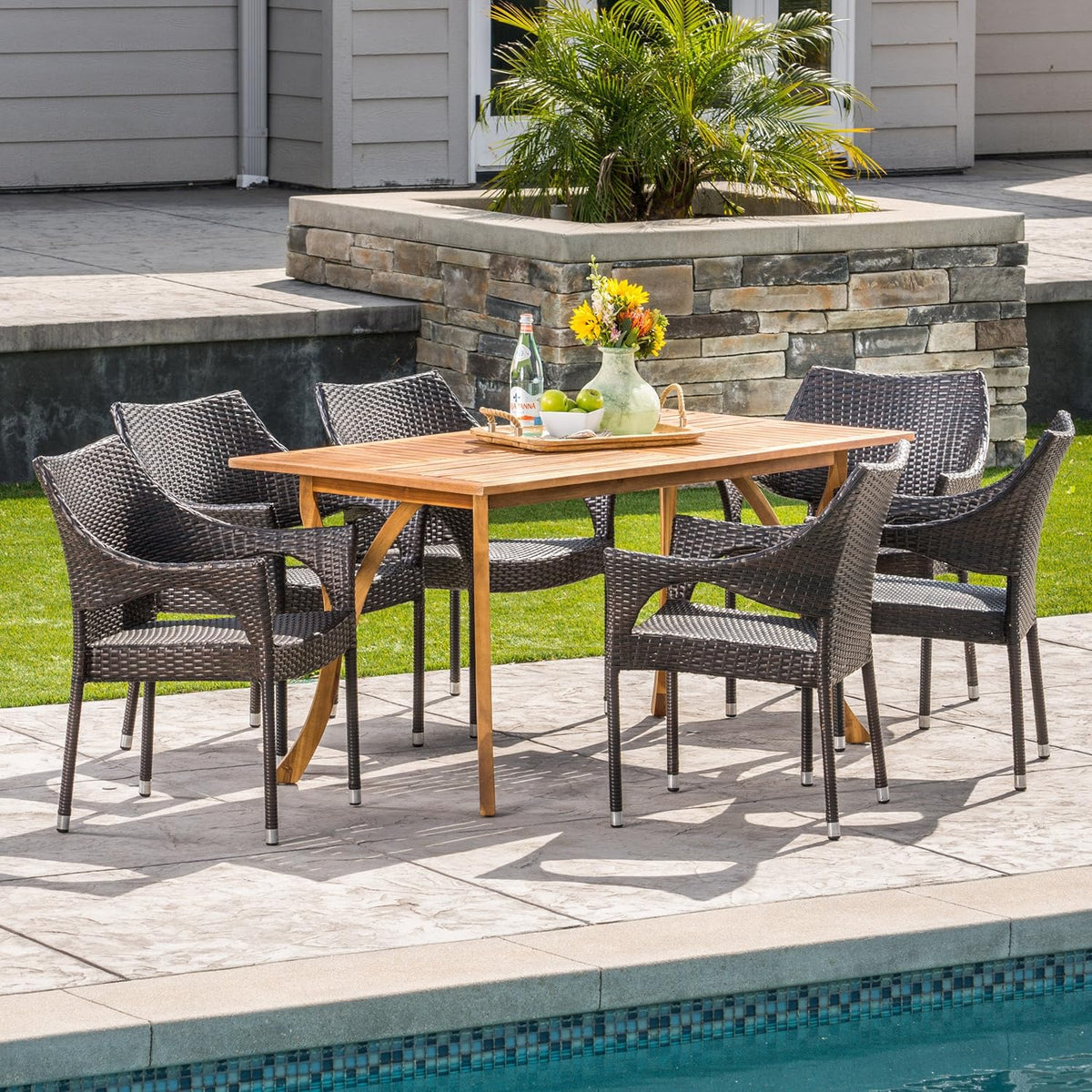 Outdoor 7-Piece Acacia Wood Wicker Dining Set in Multibrown F599158